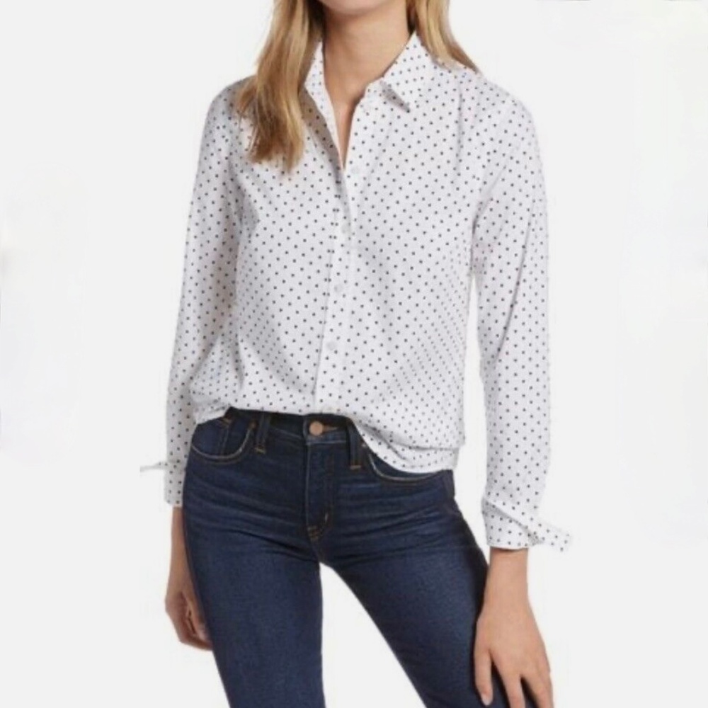 Nordstrom 1901 Fitted White Polka Dot Long Sleeve Blouse